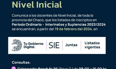 EDUCACIÓN: JUNTA DE NIVEL INICIAL COMUNICA QUE LISTAS DE INTERINATOS Y SUPLENCIAS SE ENCUENTRAN EN SIE