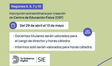 EDUCACIÓN: ABRE INSCRIPCIÓN A CARGOS ANTE LA CREACIÓN DE CENTROS DE EDUCACIÓN FÍSICA 